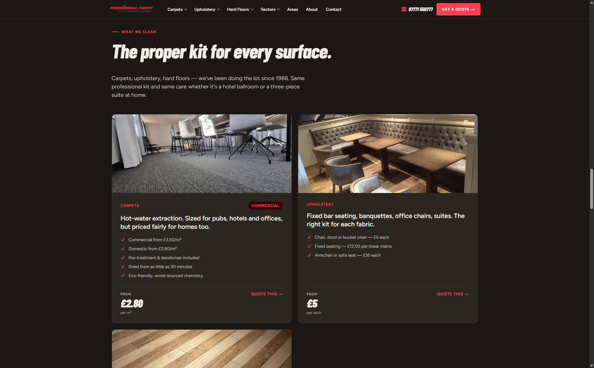 Professional Carpet Cleaners services page, with from-prices